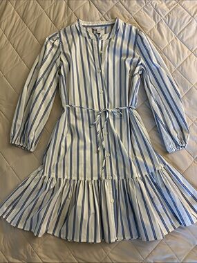 Nine West Blue and White Striped Long Sleeve Shirt Dress